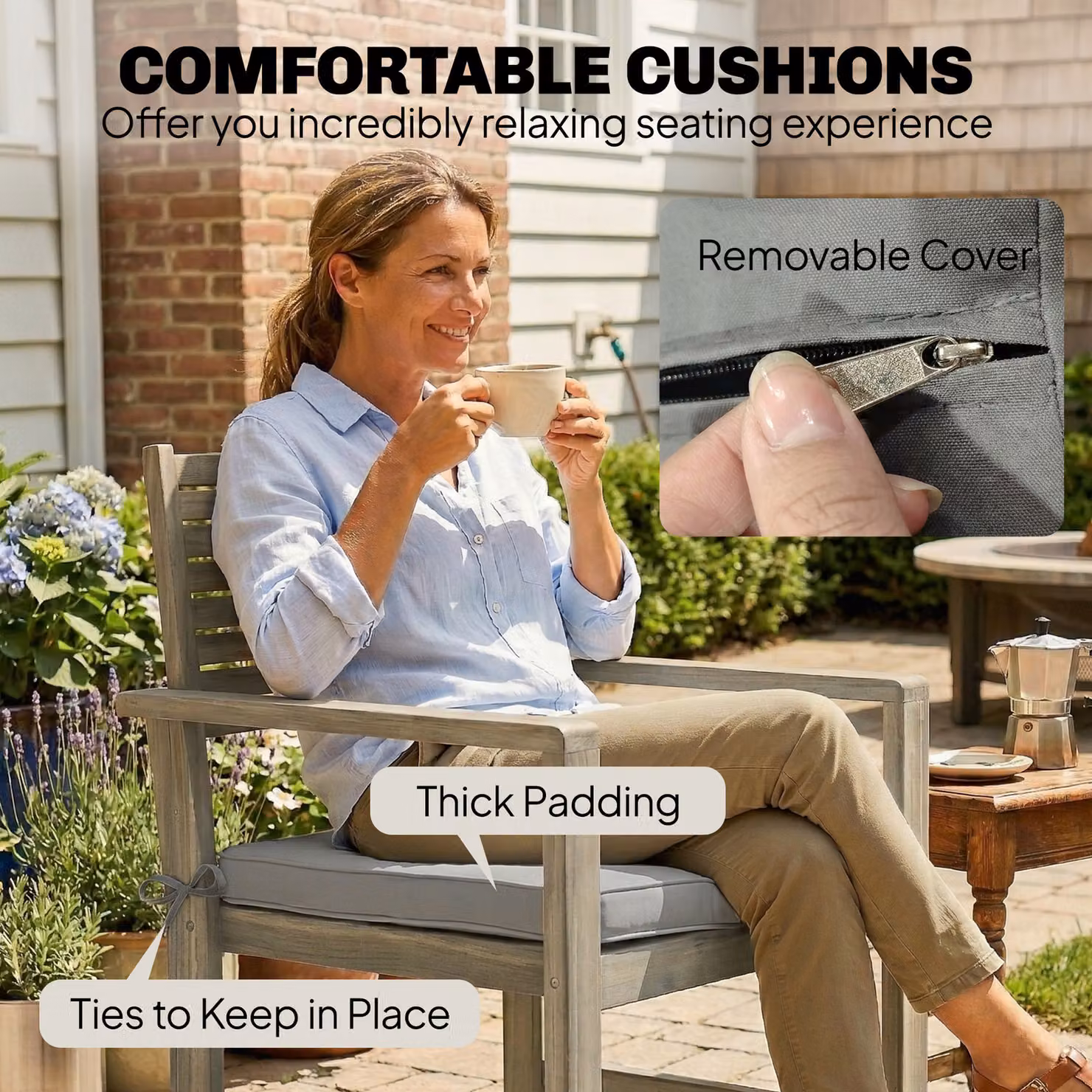 Outsunny 4 Seater Acacia Wood Garden Furniture Set in Light Grey with Loveseat, Armchairs, Coffee Table and Cushions – 5