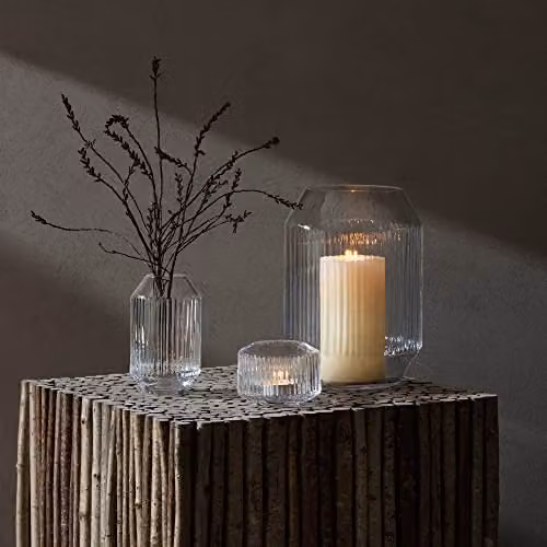 LSA International Rotunda Striped Glass Tealight Holder and Vase, Transparent, H: 7 cm, W: 10 cm, D: 10 cm – 2