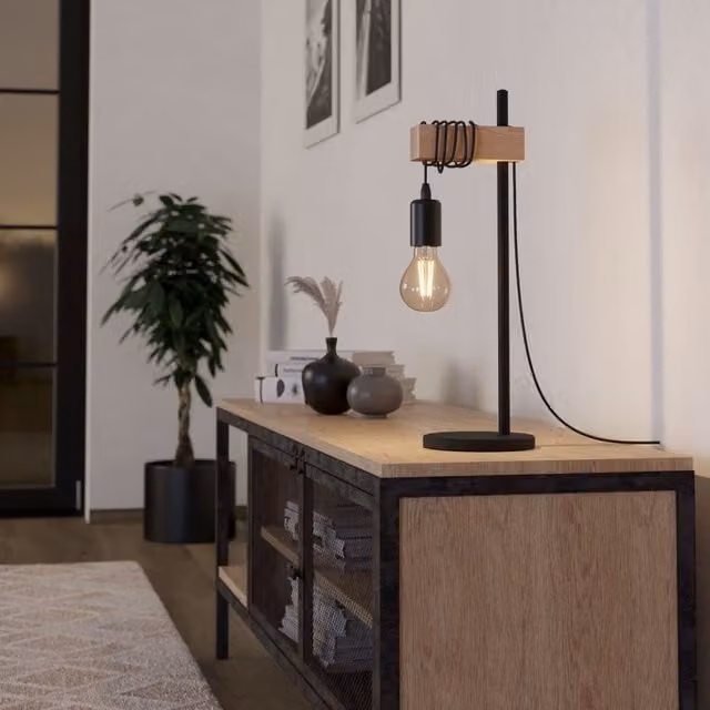Eglo TOWNSHEND Industrial Style Table Lamp in Black Metal and Natural Wood with E27 Filament Bulb – 1
