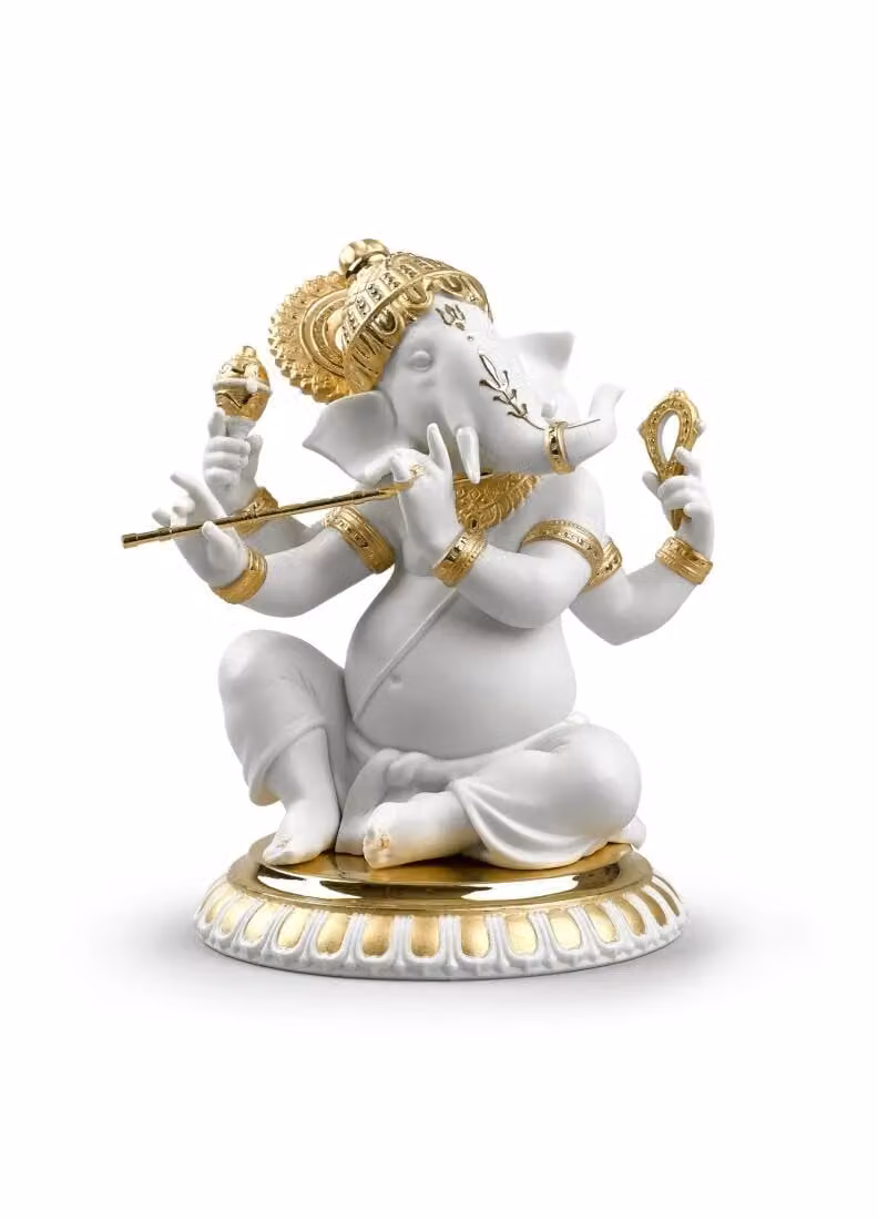 Lladró Bansuri Ganesha Porcelain Figurine in White and Gold