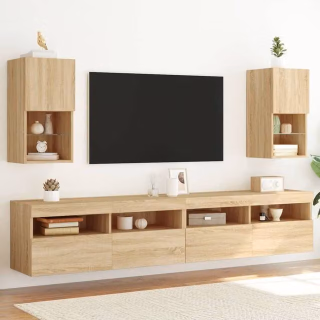 Berkfield Home Set of 2 Wall Mounted TV Cabinets with Integrated LED Lighting in Sonoma Oak Brown, W/D/H: 30.5 x 30 x 60 cm – 1