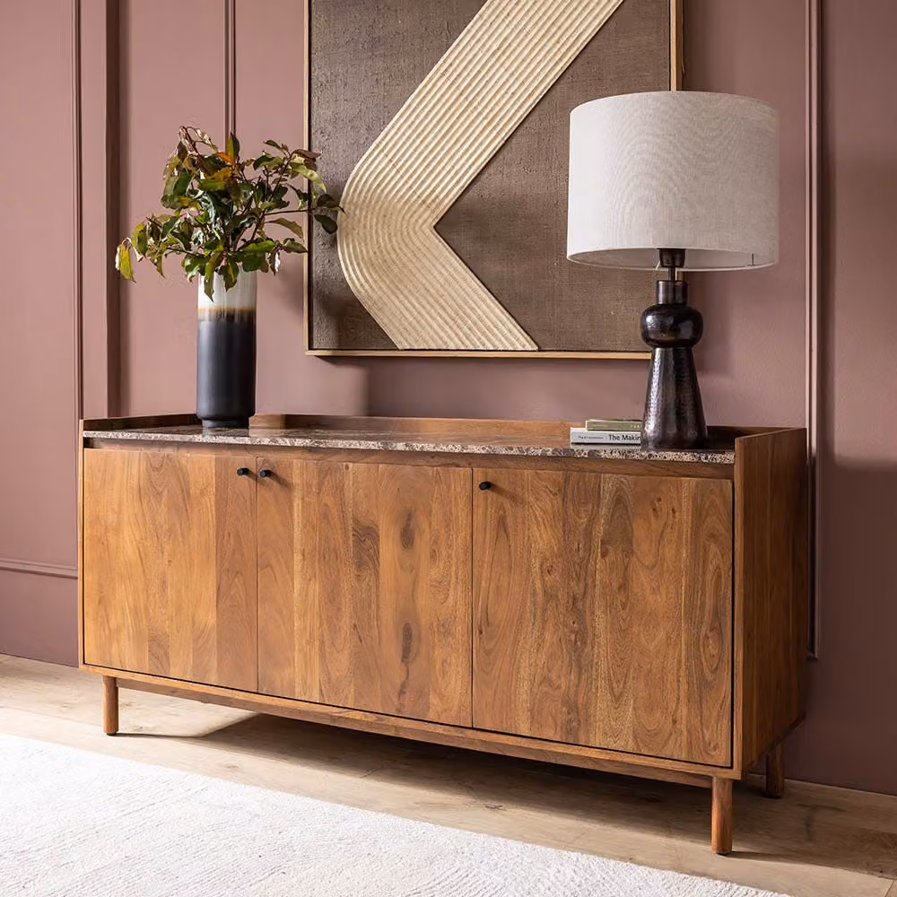 Atkin and Thyme Brera Mid-Century Marble and Acacia Wood Sideboard in Brown