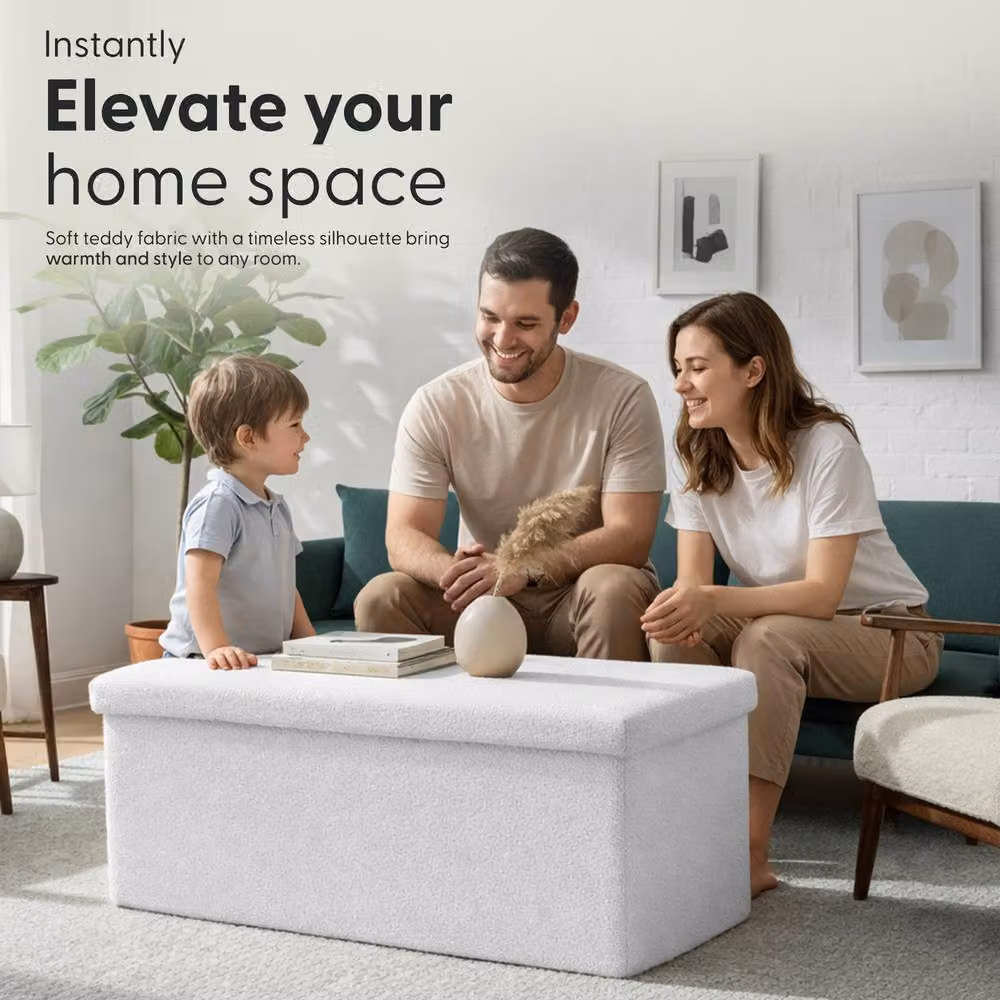 Keplin White Bouclé Folding Storage Ottoman Bench, W/D/H: 76 x 38 x 38 cm – 2