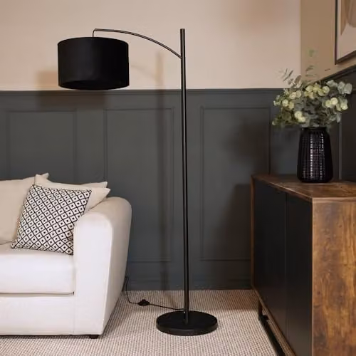 ValueLights Black Metal Curve Stem Floor Lamp with Black Velvet Shade and Warm White Bulb – 2
