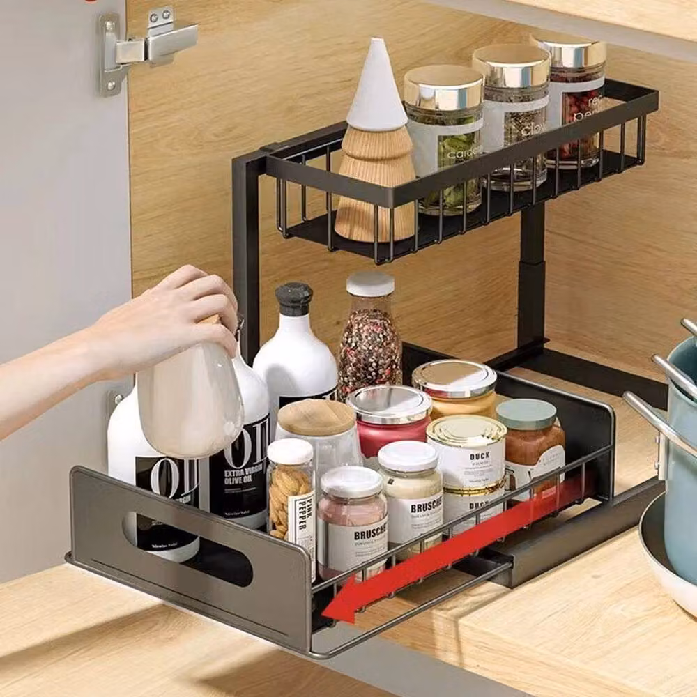 VOGREX Pull Out Under Sink Kitchen Storage Basket in Black – 6
