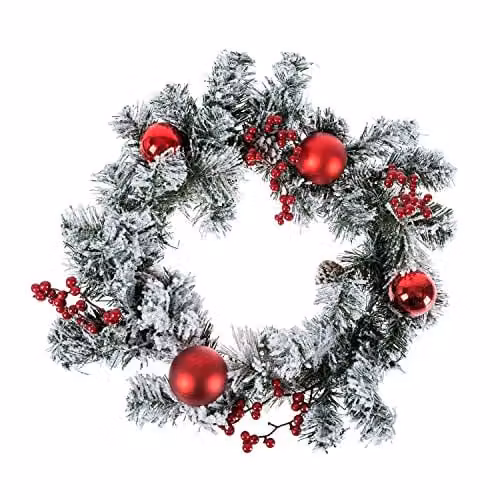 Homescapes Large Round Artificial Christmas Wreath in Green, White and Red with Red Baubles, Diameter: 50 cm – 1