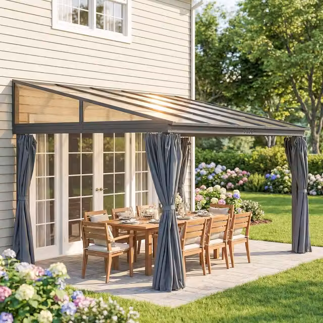 Outsunny Modern Lean-to Pergola Gazebo with Polycarbonate Roof in Grey, W: 400 cm, D: 300 cm, H: 245 cm – 2
