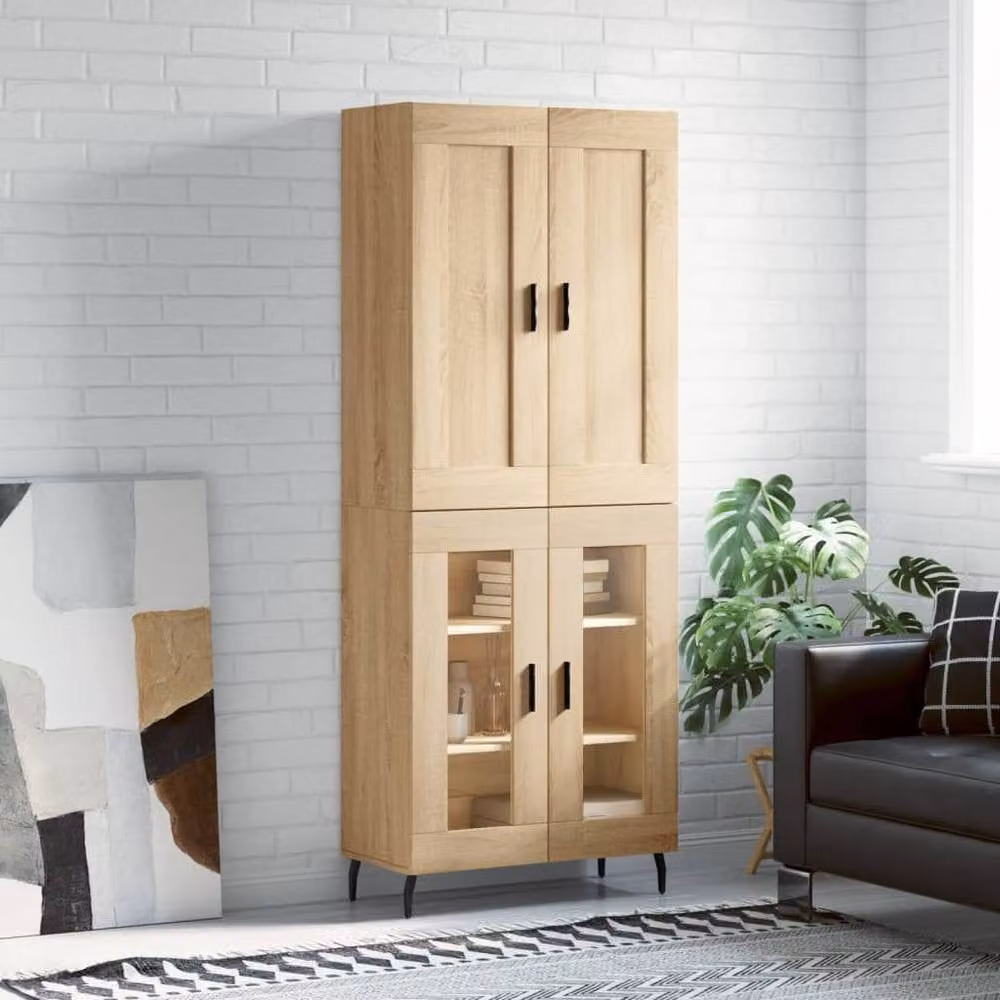 Berkfield Home Sonoma Oak Highboard in Natural with Glass Doors, W/D/H: 69.5 x 34 x 180 cm – 2