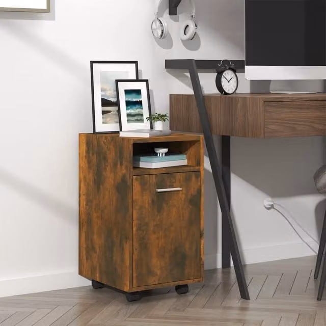 Berkfield Home Side Cabinet with Wheels in Smoked Oak Brown, W/D/H: 33 x 38 x 60 cm
