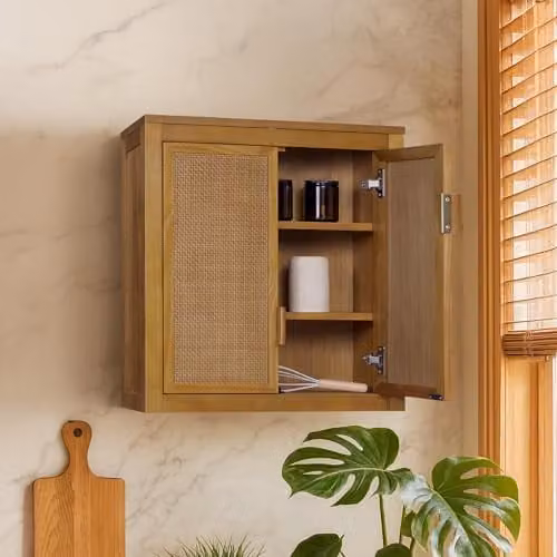 Teamson Home Hatteras Wall-Mounted Scandinavian Wood Bathroom Cabinet in Sand and Brown, W/D/H: 56 x 20.32 x 56 cm – 2