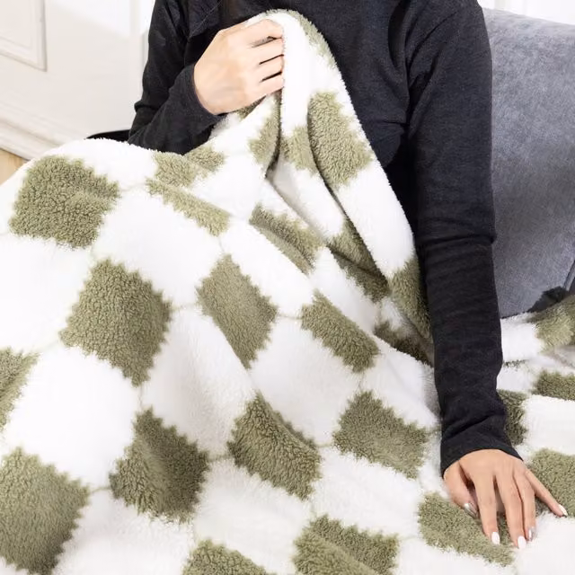 Livingandhome Reversible Checked Throw Blanket in Green, White and Pink, W: 150 cm, D: 100 cm