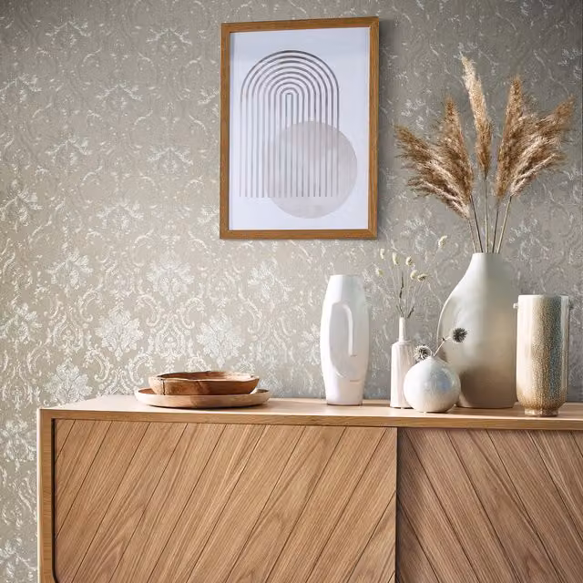 Galerie Industrial Effects Beige Pearl Damask Floral Wallpaper in Beige and White