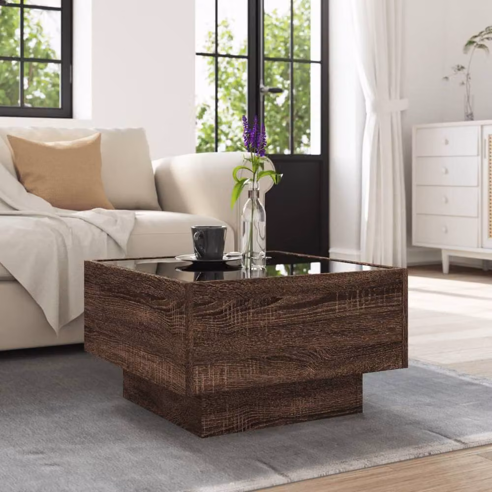 Berkfield Home Modern Square Coffee Table with LED in Brown Oak, W/D/H: 50 x 50 x 30 cm – 3