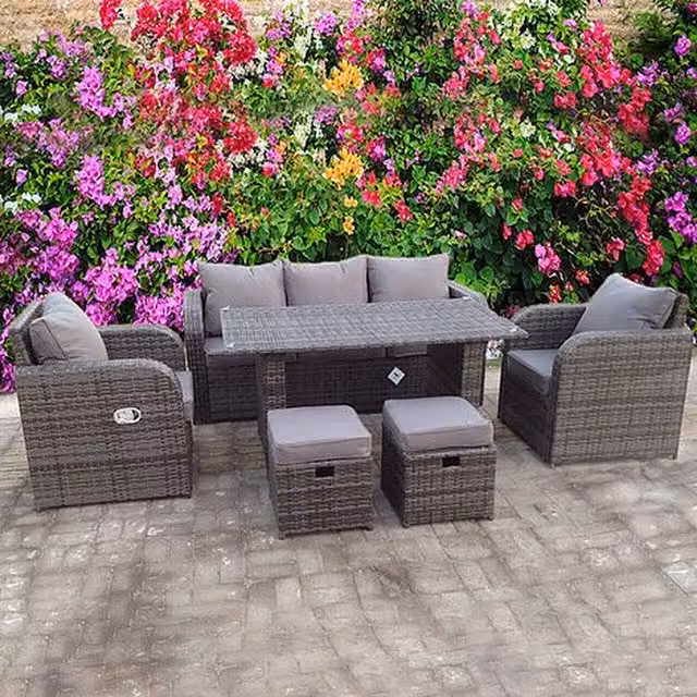UK Leisure World Grey Rattan Garden Dining Set with Glass Top Table and 6 Chairs