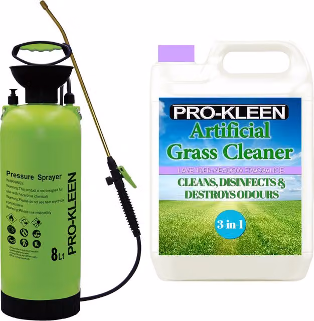 Pro-Kleen 8L Manual Pressure Sprayer with 5L Lavender Artificial Grass Cleaner in Purple and Green