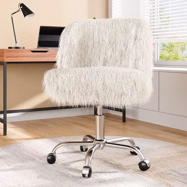 Livingandhome Modern Faux Fur Swivel Task Chair in White with Silver Metal Base