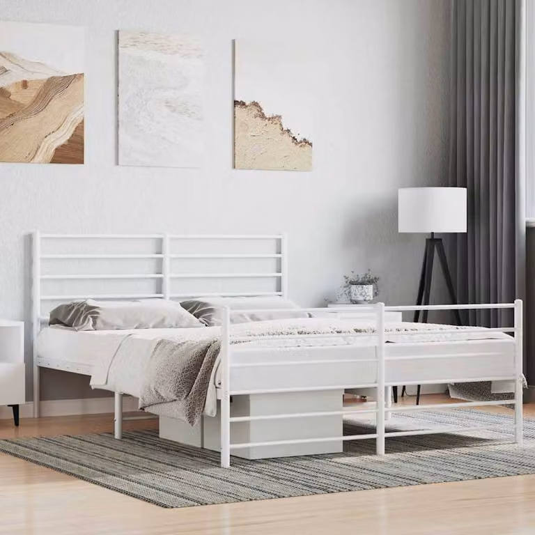 Berkfield Home Metal Bed Frame with Headboard and Footboard in White, W/D/H: 120 x 200 x 90 cm