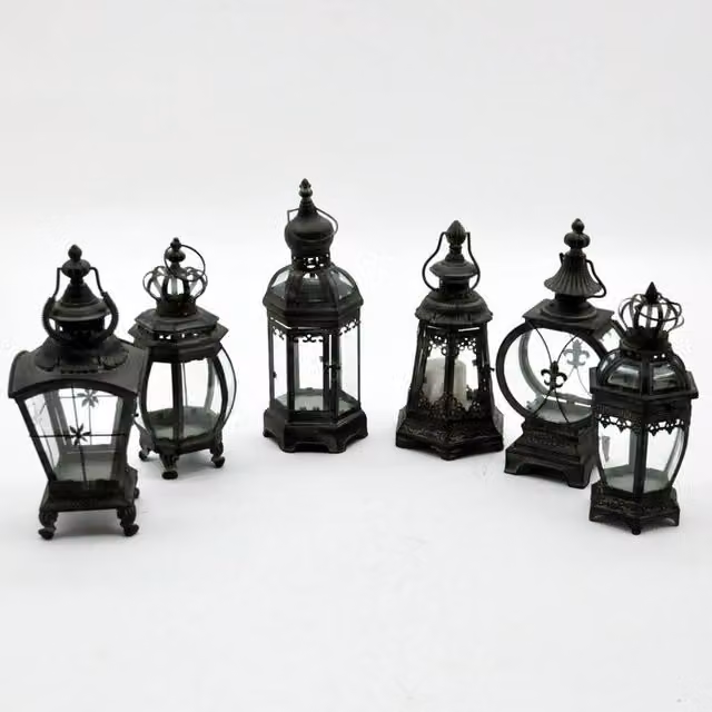Minster Set of 6 Assorted Black Metal and Glass Garden Lanterns, W/D/H: 15 x 15 x 42 cm