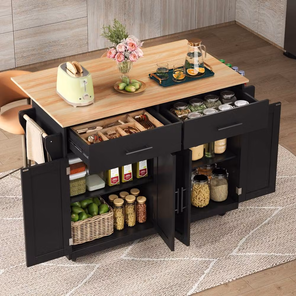 Merax Kitchen Island Trolley with Folding Tabletop and Changeable Wheels and Feet, Black, H 91.5 x W 120 x D 46 cm – 3