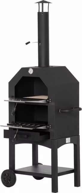Outsunny Charcoal Pizza Oven and 3-Tier Freestanding BBQ Grill in Black and Silver with Chimney, Thermometer and Wheels – 1