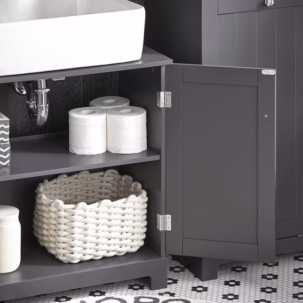 SoBuy Modern Under Sink Bathroom Cabinet in Dark Grey with Hinged Doors and Internal Shelves, Height: 60 cm – 5