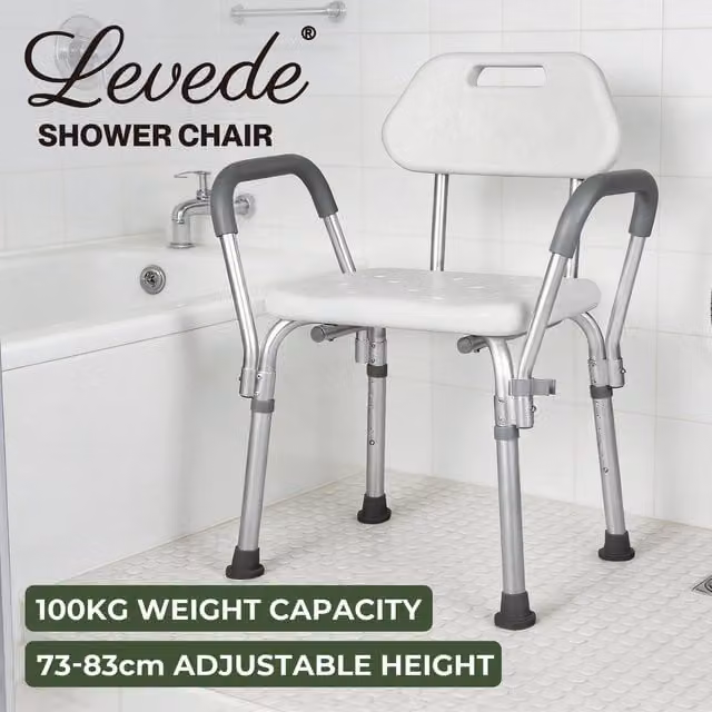 Levede Shower Chair with Back Arms and Adjustable Height, White, W/D/H: 40 x 40 x 73 cm