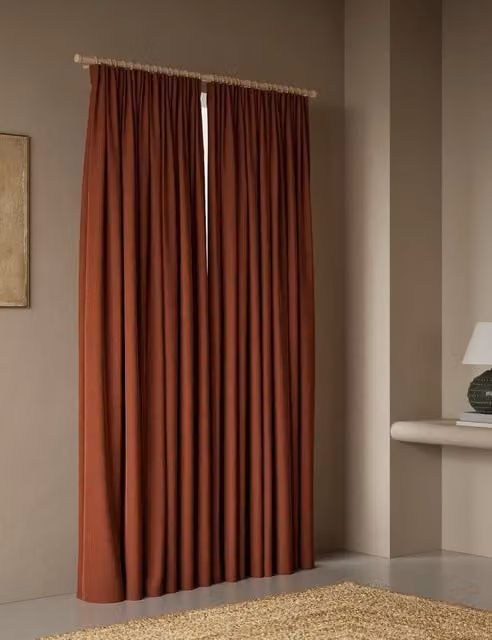 M&S Velvet Thermal Insulating Pencil Pleat Curtains, Brown, H: 183 cm, W: 117 cm