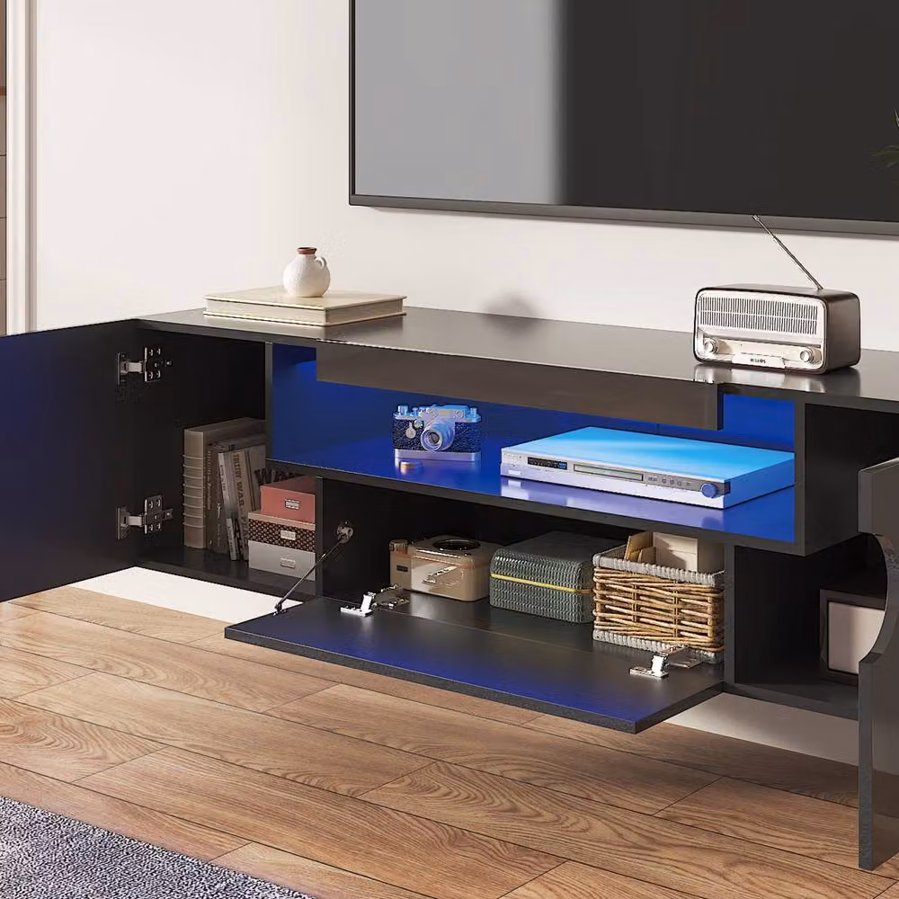 KEEPREAPER Sleek Floating TV Stand with LED Light and Storage Cabinet in Black – 4