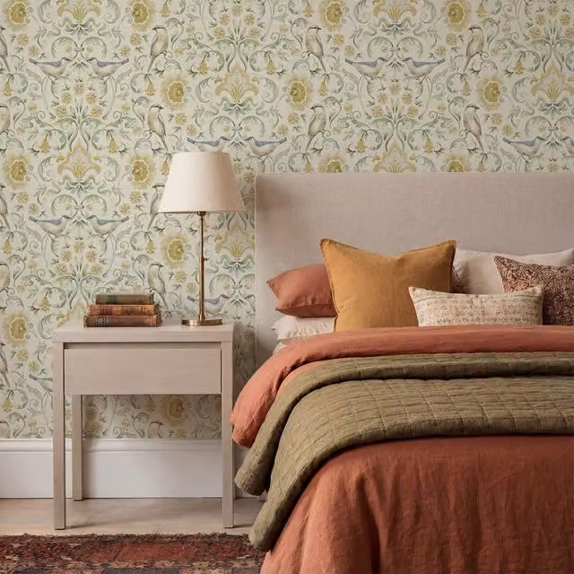 Arthouse Floral Bird Damask Wallpaper in Yellow, Green and Multicolour