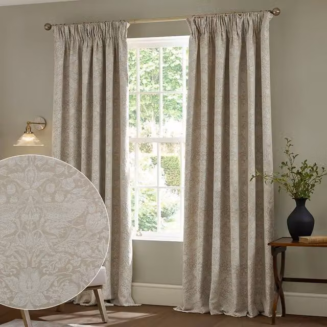 Morris & Co Strawberry Thief Jacquard Fully Lined Pencil Pleat Curtains in Beige, Width: 229 cm, Drop: 137 cm