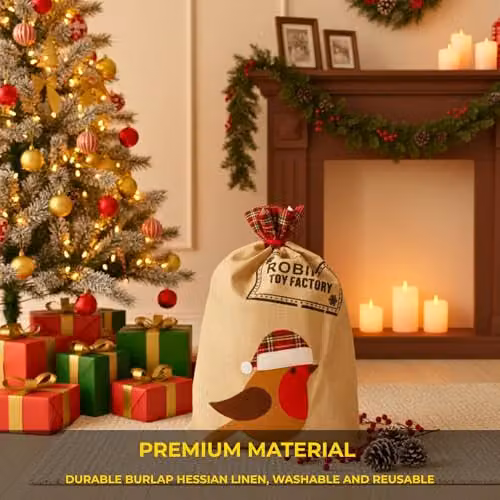Shatchi Large Robin Santa Sack in Multicolour Burlap Hessian Linen, W/D/H: 70 x 50 x 50 cm – 4