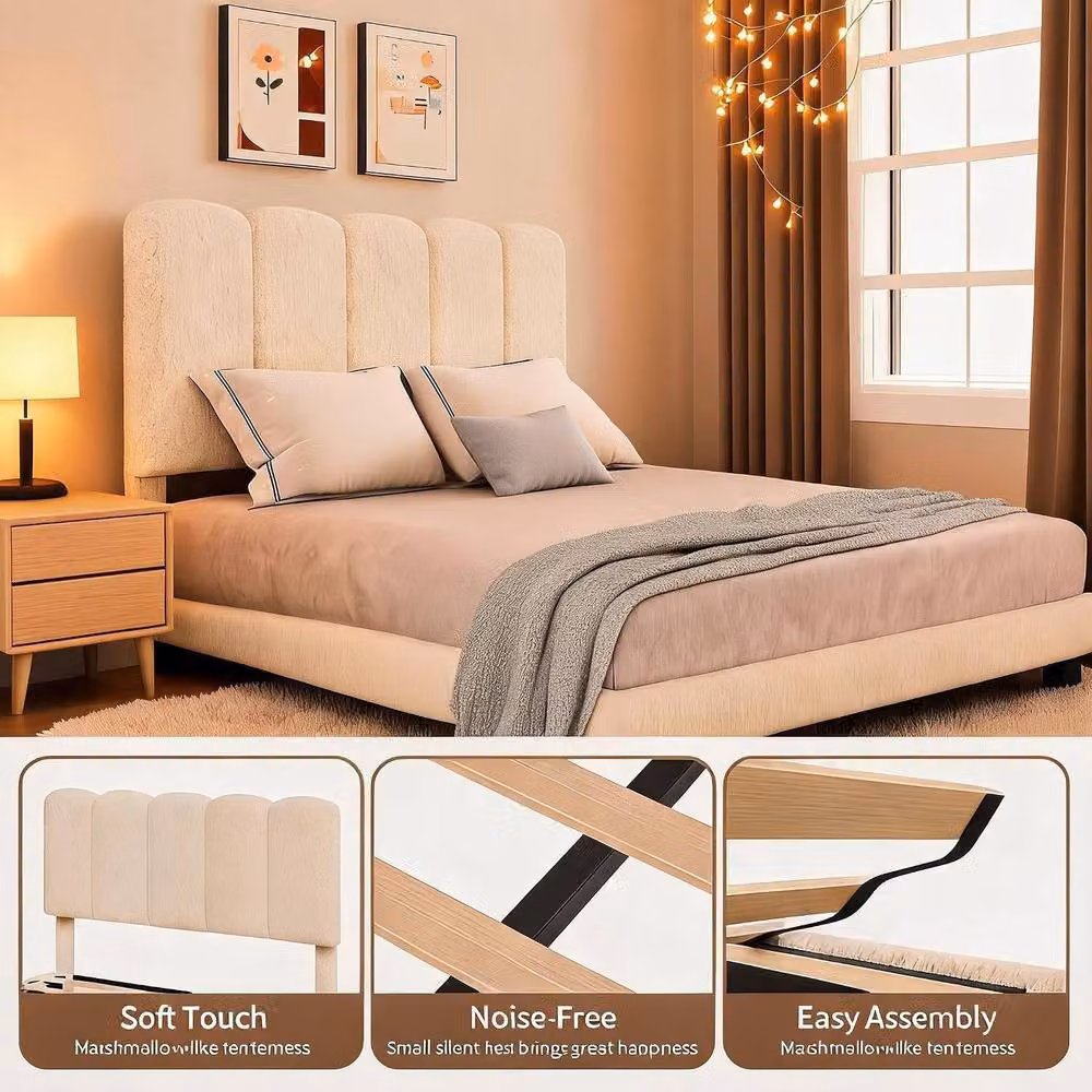London Boutique Modern Upholstered Bouclé Platform Bed in Beige with Under-Bed Lighting and Drawers, W: 135 cm, L: 190 cm – 3