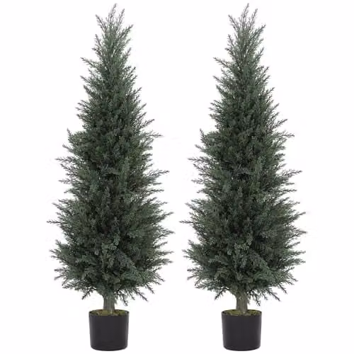HOMCOM Set of 2 Green Artificial Cypress Trees with Plastic and Concrete Pots, Height: 120 cm, W/D/H: 40 x 40 x 120 cm