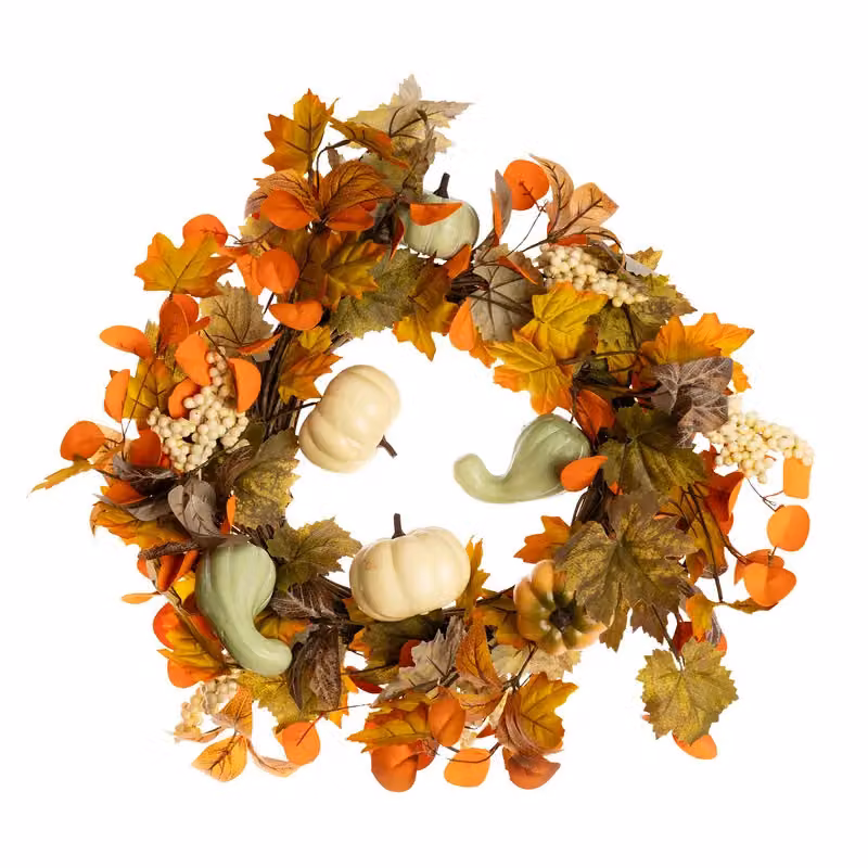 Scottish Everlastings Ltd Round Autumn and Halloween Pumpkin and Gourd Wreath in Orange, Cream and Green, Diameter: 45 cm – 3