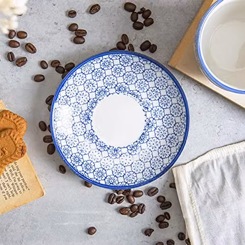 Nicola Spring Hand Printed Floral Stoneware Cappuccino Saucers, Blue, Pack of 12, Diameter: 14.5 cm – 2