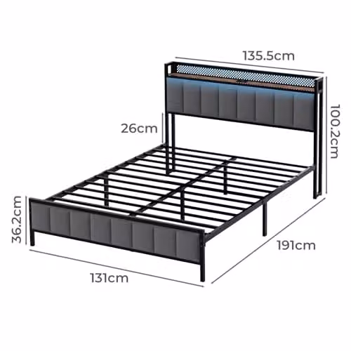Levede Upholstered Double Bed Frame in Grey with LED Lighting, USB Charging Ports and Side Compartments, W/H: 140 x 200 cm – 2