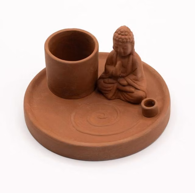 KDMD Round Ceramic Buddha Incense Plate in Brown and Red – 1