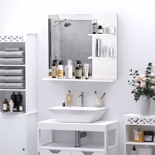 kleankin White Bathroom Wall Mounted Mirror with 3 Open Storage Shelves