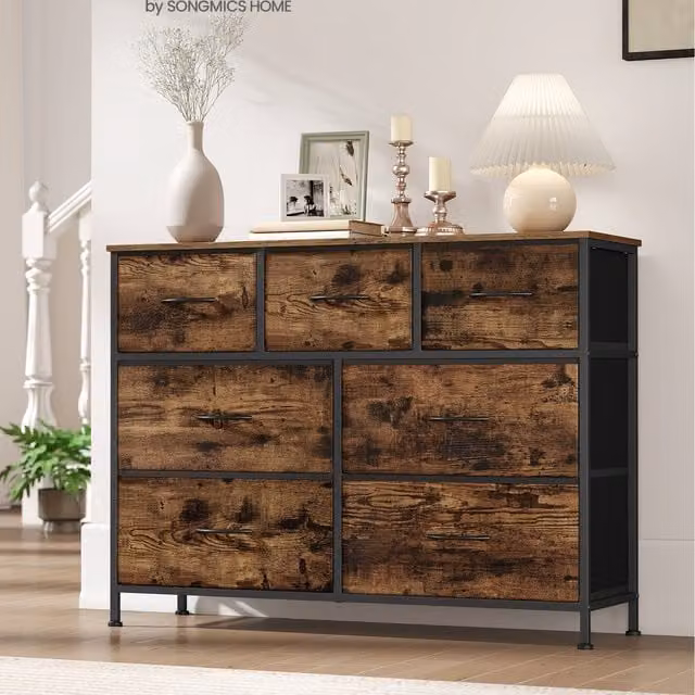SONGMICS 7-Drawer Chest of Drawers, Black and Brown Rustic Storage Unit