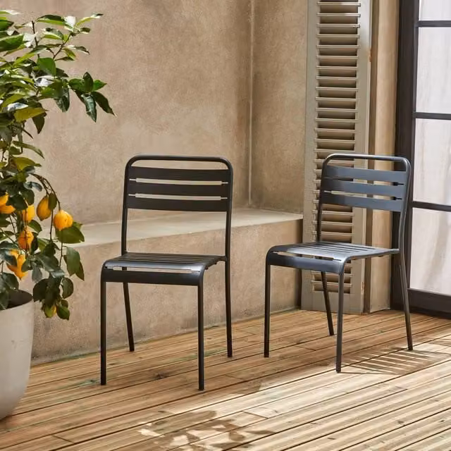 sweeek Pair of Stackable Steel Garden Chairs in Matt Dark Grey