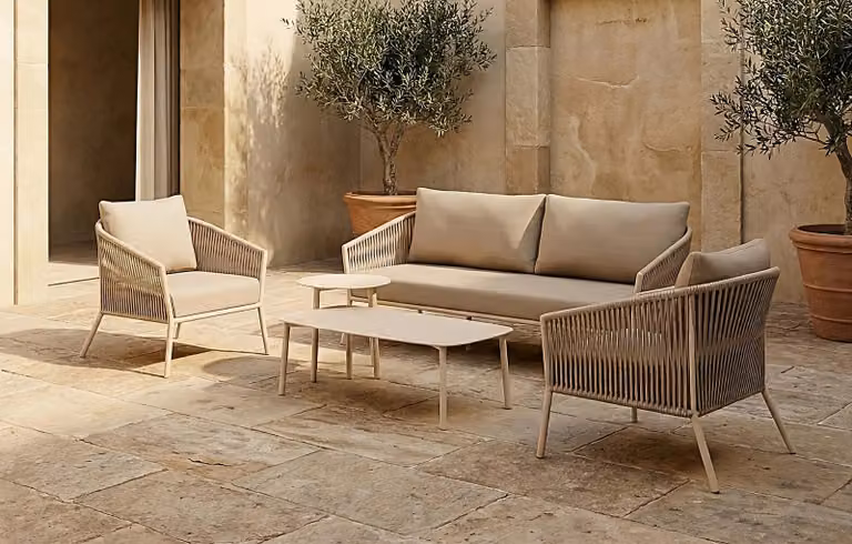 MINT Originals Darcy 5-Seater Woven Rope and Powder Coated Aluminium Garden Sofa Set in Beige with Upholstered Cushions