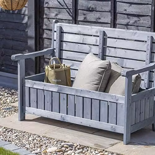 AIRWAVE Darcy Outdoor Storage Bench 110L, Weather Resistant Treated Fir Wood Garden Storage Box in Brown or Grey – 4