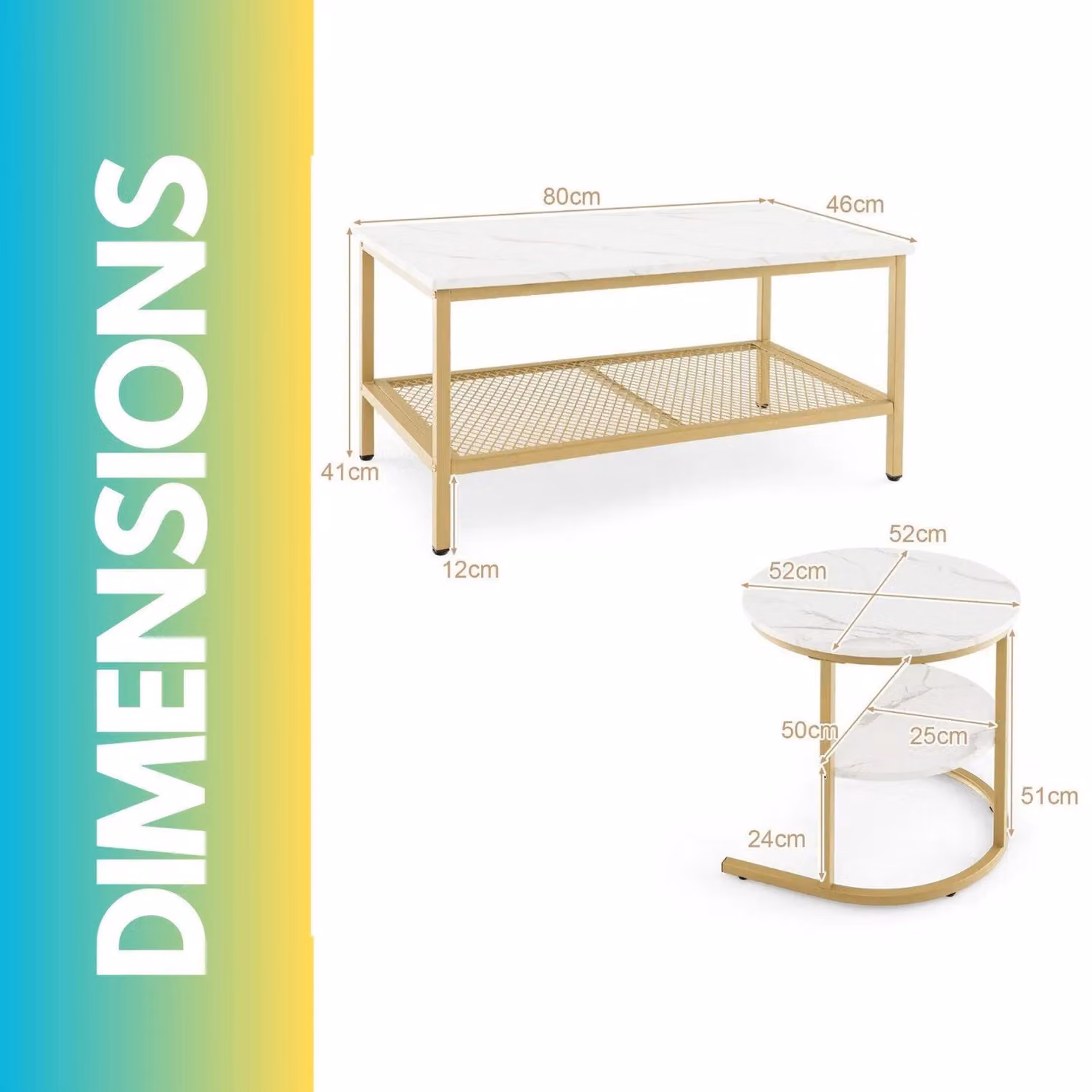 Pirlo Plush 2-Piece Nesting Tables Set in Gold and White Faux Marble – 2
