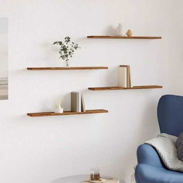 Berkfield Home Set of 4 Wall Mounted Shelves in Old Wood Brown, W: 60 cm, D: 20 cm, H: 1.5 cm