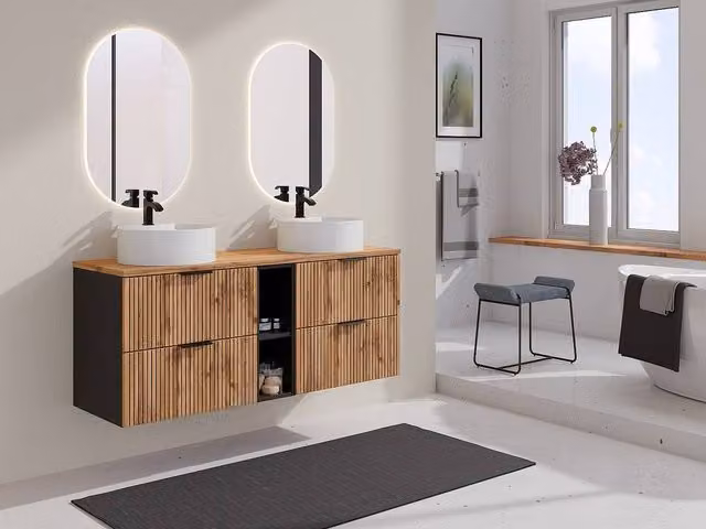 Vente-unique Suspended Grooved Bathroom Vanity Unit with Niches and Double Round Sinks in Black