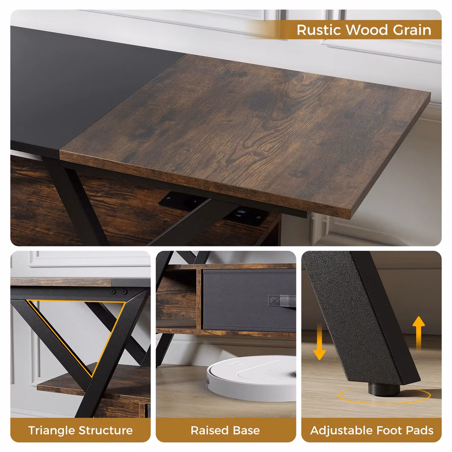 Gymax 3-Tier Industrial TV Stand in Brown with LED Lights and Power Outlets for up to 65 inch TVs – 6