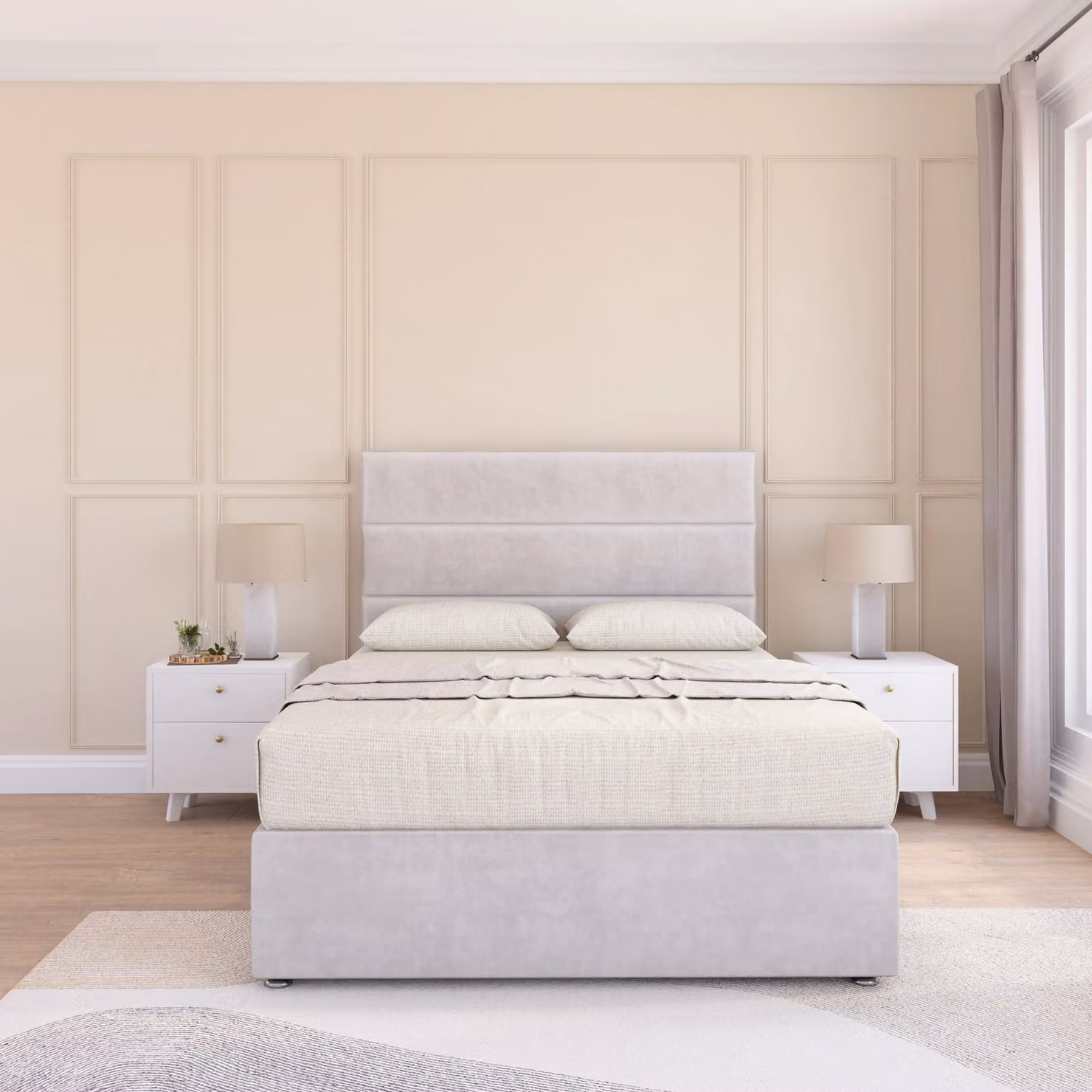 Sloomy Texas Small Single Divan Bed Base with 26 inch Struts Headboard in Silver Striped Fabric