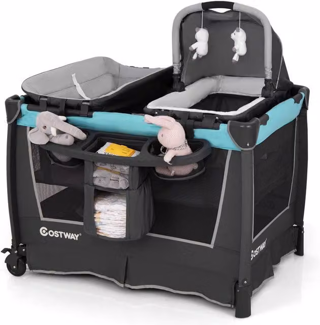 CASART 5-in-1 Foldable Travel Cot Baby Playard with Bassinet and Changing Table in Multicolour