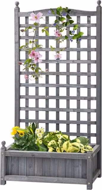 Kelvenix Wooden Raised Garden Bed with Trellis in Grey, W/D/H: 120 x 64 x 28 cm