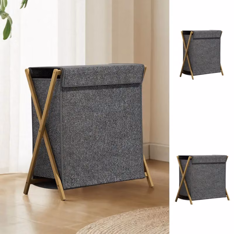 Living and Home Laundry Hamper with Bamboo Frame, Mid Grey, 72/90L – 3